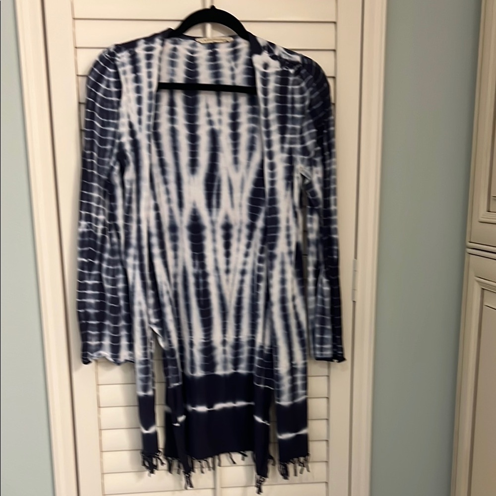 Soft Surroundings Navy and White Tie-Dye Knit Tunic Cardigan SZ XS
